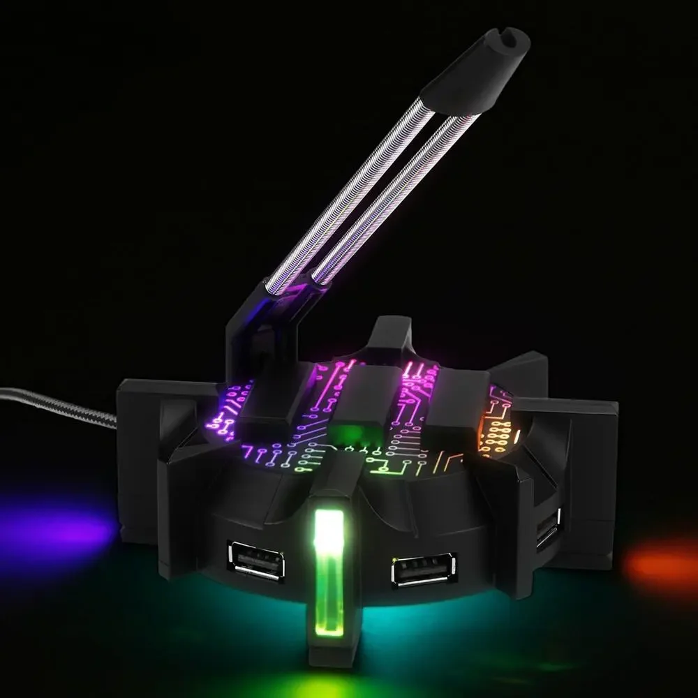 ENHANCE Pro Gaming Mouse Bungee Cable Holder 4 Port USB Hub w/ 7 LED Color Modes